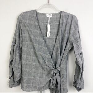 GLAM | Wrap Top Side Tie Skinny Plaid Print Black & White Long Sleeve NEW Size M